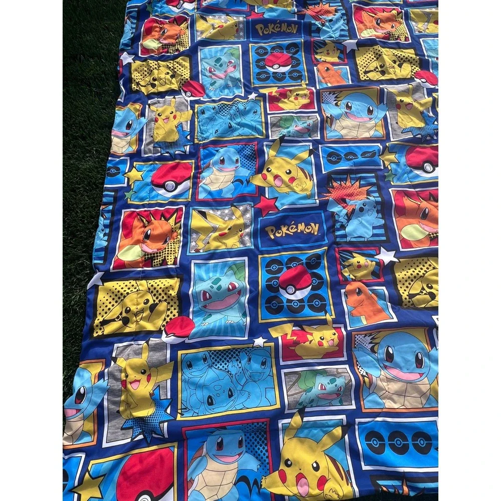 Pokemon Reversible Comforter Pikachu Squirtle Bulbasaur Blue‎ Quilted 72x81